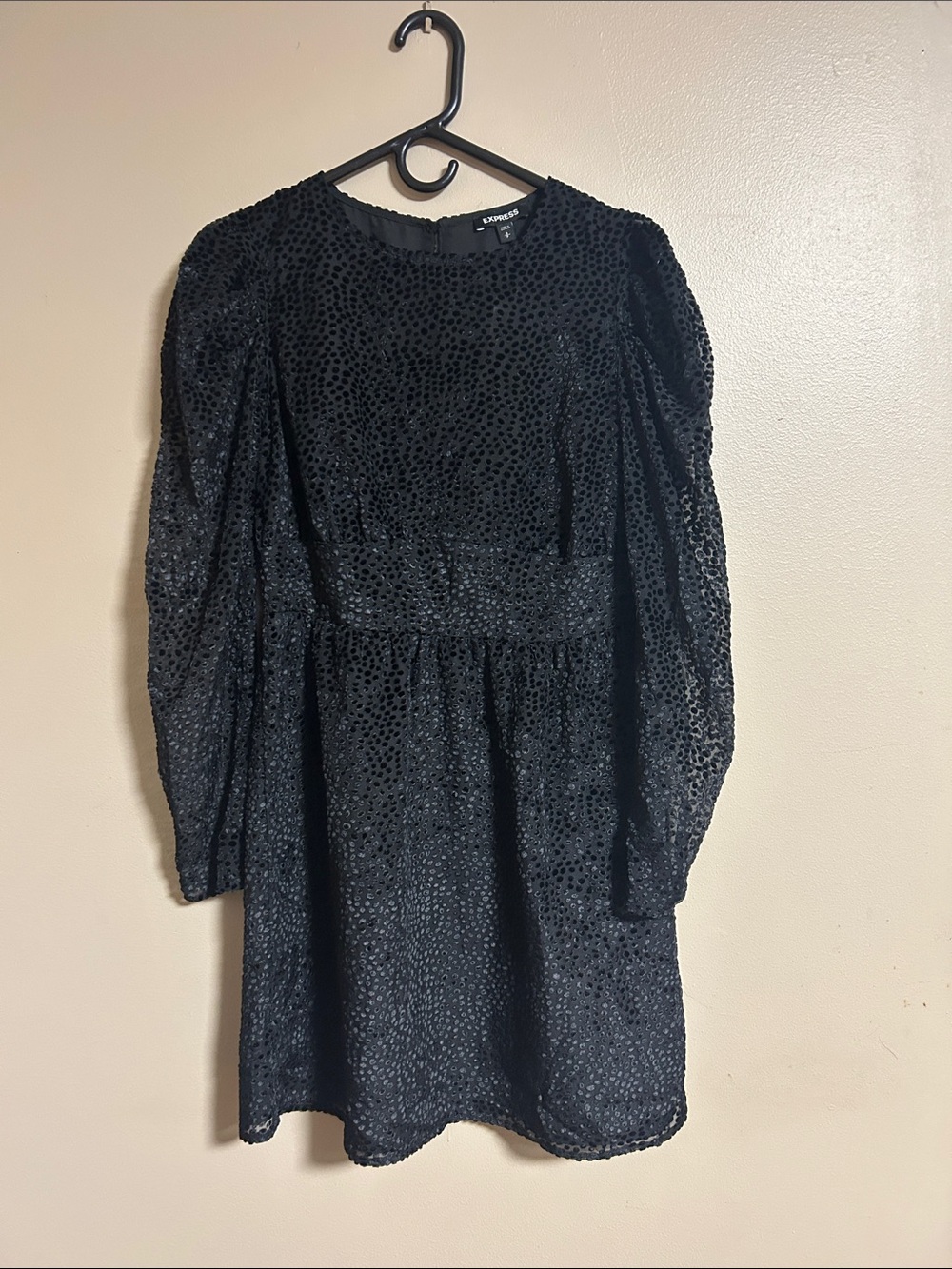 Express Black Textured Long Sleeve Mini Dress with Puff Sleeves